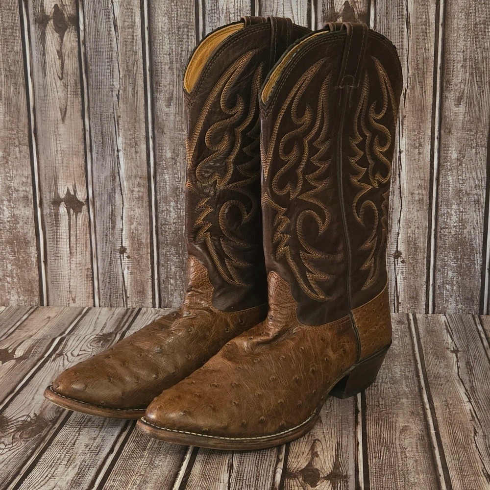 Sz 12 B Mens Larry Mahan Full Quill Ostrich Brown Western Cowboy Boots VGUC